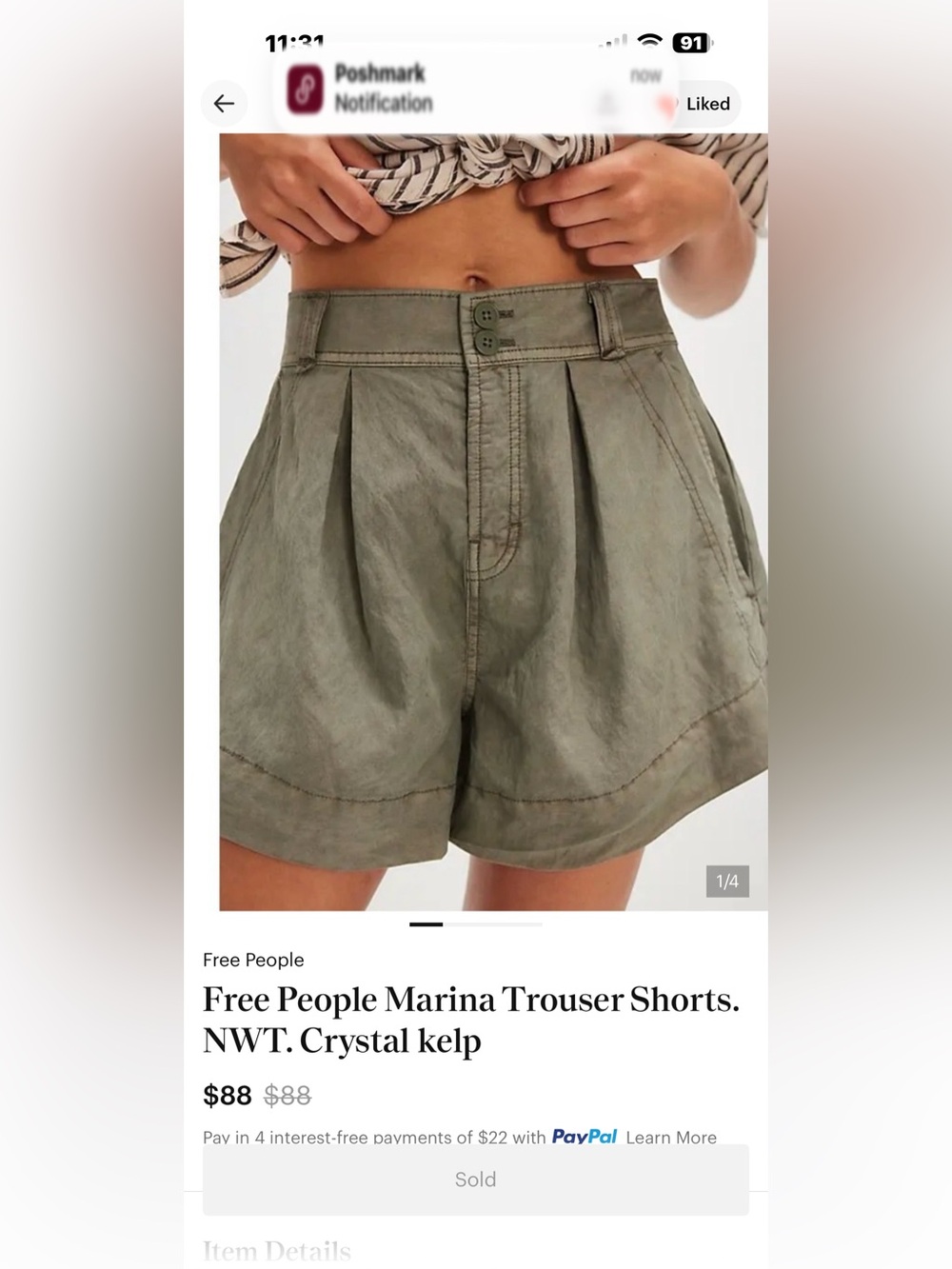 Free People Marina Trouser Shorts. NWT. Crystal kelp